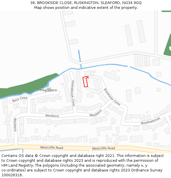 39, BROOKSIDE CLOSE, RUSKINGTON, SLEAFORD, NG34 9GQ: Location map and indicative extent of plot