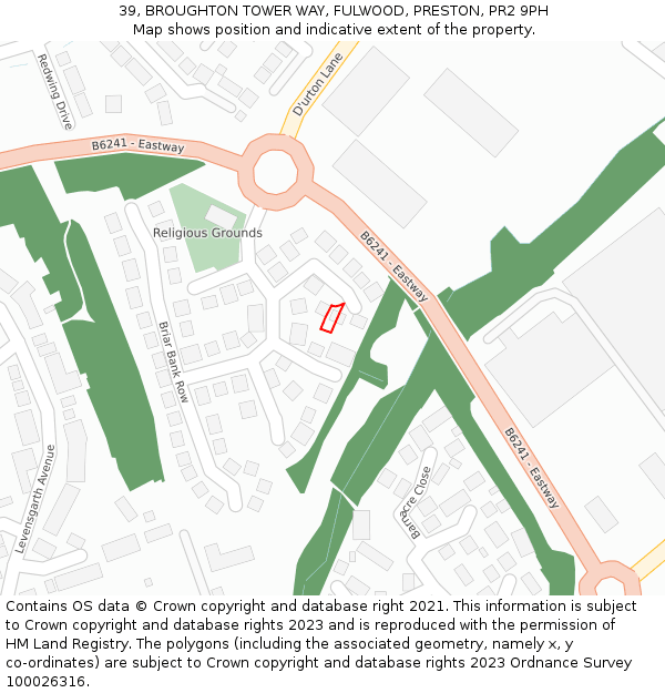 39, BROUGHTON TOWER WAY, FULWOOD, PRESTON, PR2 9PH: Location map and indicative extent of plot