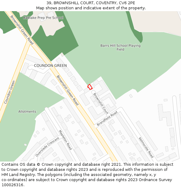 39, BROWNSHILL COURT, COVENTRY, CV6 2PE: Location map and indicative extent of plot