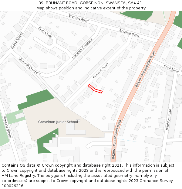 39, BRUNANT ROAD, GORSEINON, SWANSEA, SA4 4FL: Location map and indicative extent of plot