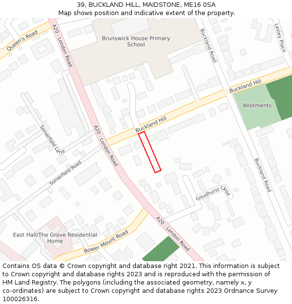 39, BUCKLAND HILL, MAIDSTONE, ME16 0SA: Location map and indicative extent of plot