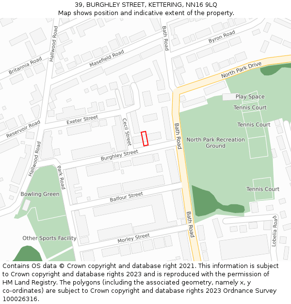 39, BURGHLEY STREET, KETTERING, NN16 9LQ: Location map and indicative extent of plot