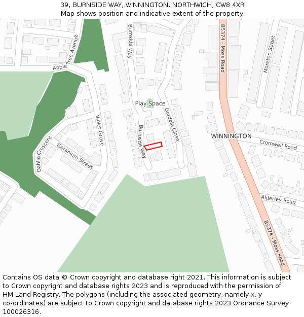 39, BURNSIDE WAY, WINNINGTON, NORTHWICH, CW8 4XR: Location map and indicative extent of plot