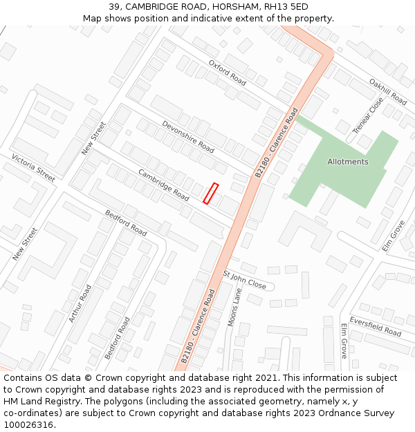 39, CAMBRIDGE ROAD, HORSHAM, RH13 5ED: Location map and indicative extent of plot