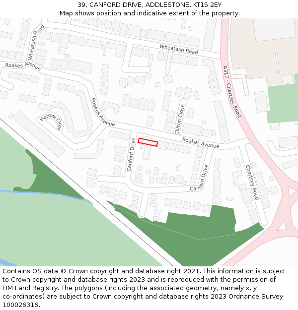 39, CANFORD DRIVE, ADDLESTONE, KT15 2EY: Location map and indicative extent of plot