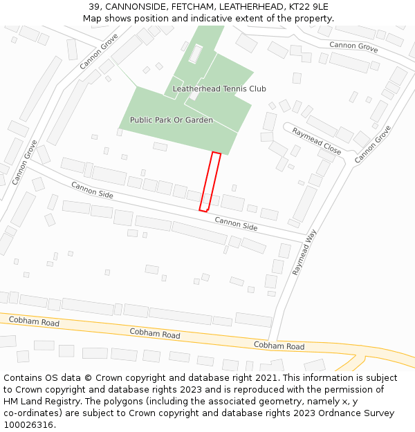 39, CANNONSIDE, FETCHAM, LEATHERHEAD, KT22 9LE: Location map and indicative extent of plot