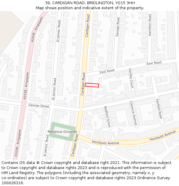 39, CARDIGAN ROAD, BRIDLINGTON, YO15 3HH: Location map and indicative extent of plot