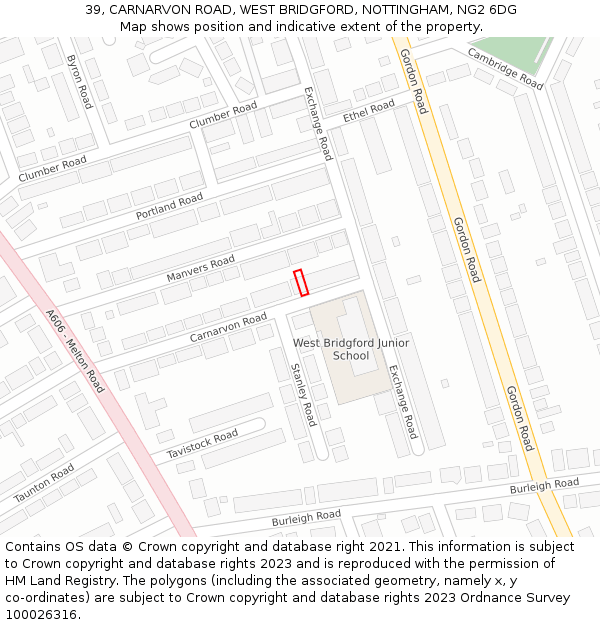 39, CARNARVON ROAD, WEST BRIDGFORD, NOTTINGHAM, NG2 6DG: Location map and indicative extent of plot