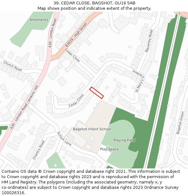 39, CEDAR CLOSE, BAGSHOT, GU19 5AB: Location map and indicative extent of plot