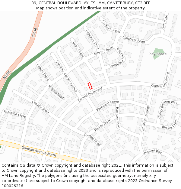 39, CENTRAL BOULEVARD, AYLESHAM, CANTERBURY, CT3 3FF: Location map and indicative extent of plot