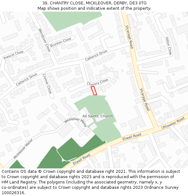 39, CHANTRY CLOSE, MICKLEOVER, DERBY, DE3 0TG: Location map and indicative extent of plot