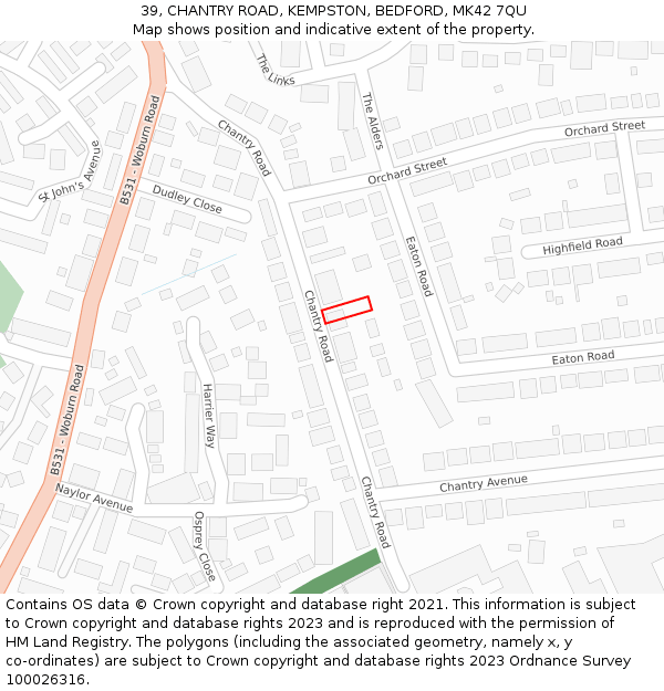 39, CHANTRY ROAD, KEMPSTON, BEDFORD, MK42 7QU: Location map and indicative extent of plot