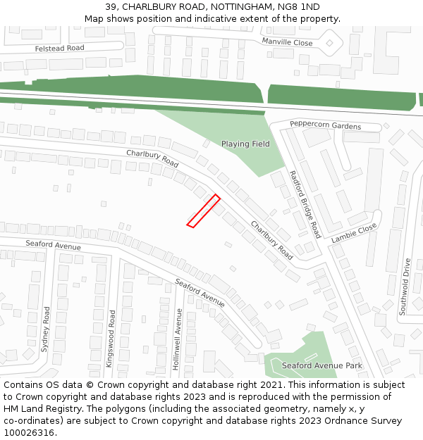 39, CHARLBURY ROAD, NOTTINGHAM, NG8 1ND: Location map and indicative extent of plot