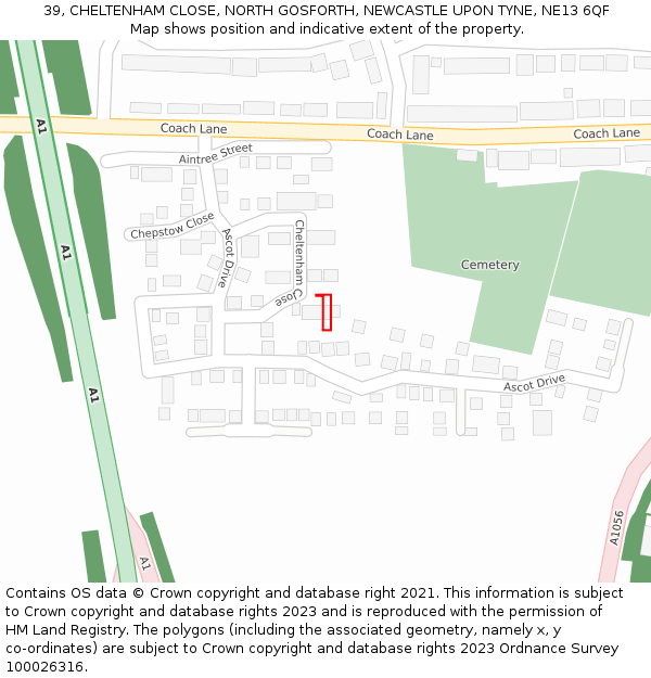 39, CHELTENHAM CLOSE, NORTH GOSFORTH, NEWCASTLE UPON TYNE, NE13 6QF: Location map and indicative extent of plot