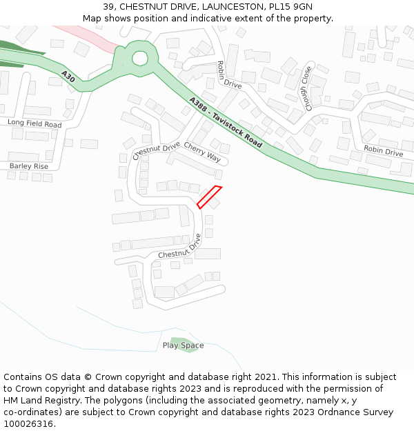 39, CHESTNUT DRIVE, LAUNCESTON, PL15 9GN: Location map and indicative extent of plot