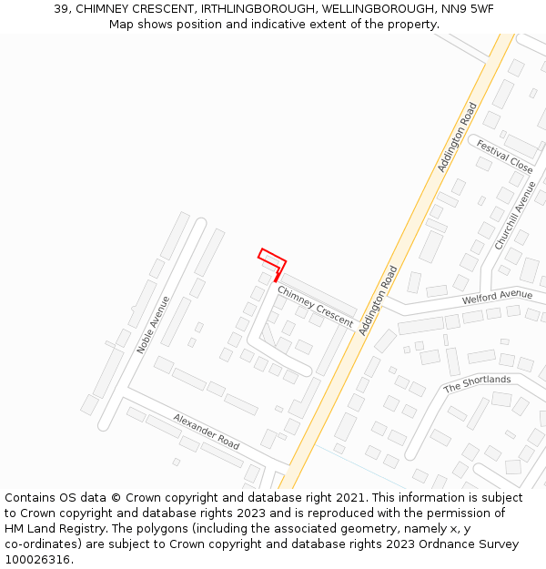 39, CHIMNEY CRESCENT, IRTHLINGBOROUGH, WELLINGBOROUGH, NN9 5WF: Location map and indicative extent of plot