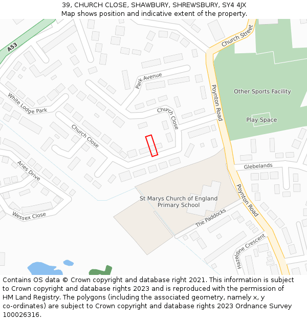 39, CHURCH CLOSE, SHAWBURY, SHREWSBURY, SY4 4JX: Location map and indicative extent of plot