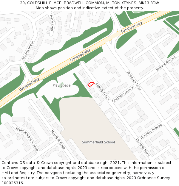 39, COLESHILL PLACE, BRADWELL COMMON, MILTON KEYNES, MK13 8DW: Location map and indicative extent of plot