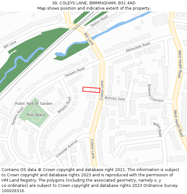 39, COLEYS LANE, BIRMINGHAM, B31 4AD: Location map and indicative extent of plot