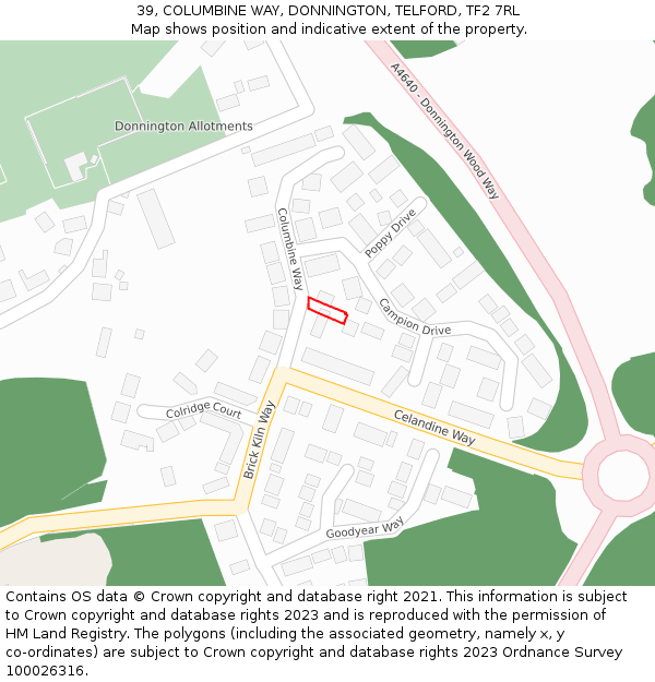 39, COLUMBINE WAY, DONNINGTON, TELFORD, TF2 7RL: Location map and indicative extent of plot