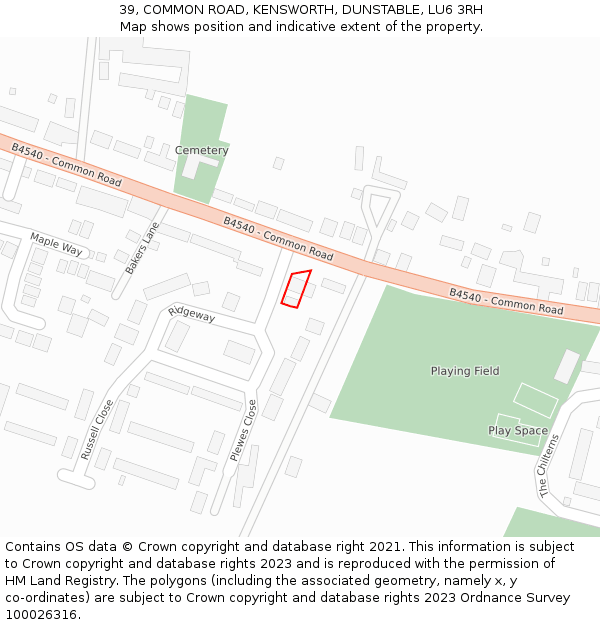 39, COMMON ROAD, KENSWORTH, DUNSTABLE, LU6 3RH: Location map and indicative extent of plot