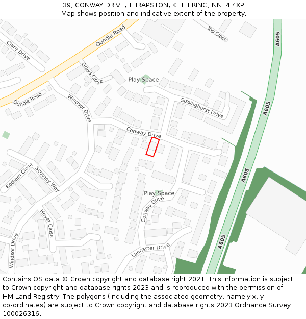 39, CONWAY DRIVE, THRAPSTON, KETTERING, NN14 4XP: Location map and indicative extent of plot