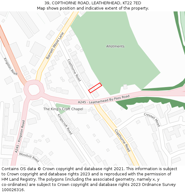 39, COPTHORNE ROAD, LEATHERHEAD, KT22 7ED: Location map and indicative extent of plot