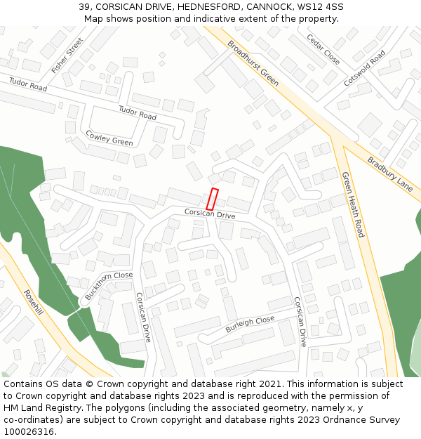 39, CORSICAN DRIVE, HEDNESFORD, CANNOCK, WS12 4SS: Location map and indicative extent of plot