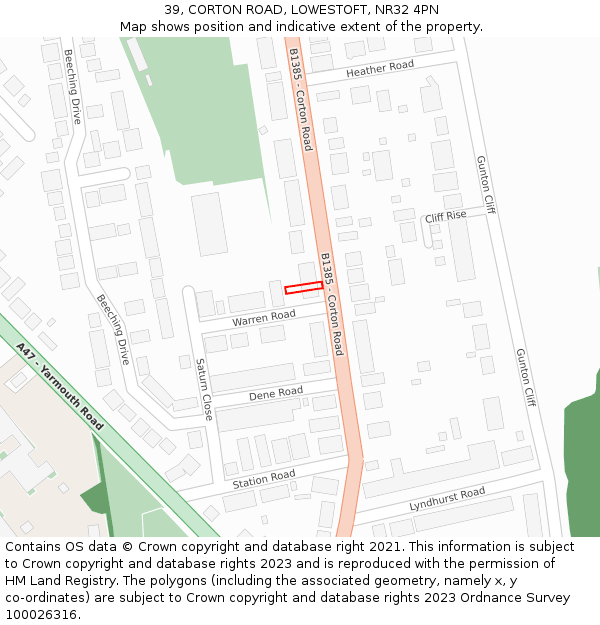 39, CORTON ROAD, LOWESTOFT, NR32 4PN: Location map and indicative extent of plot