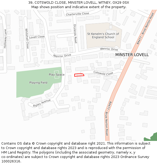 39, COTSWOLD CLOSE, MINSTER LOVELL, WITNEY, OX29 0SX: Location map and indicative extent of plot