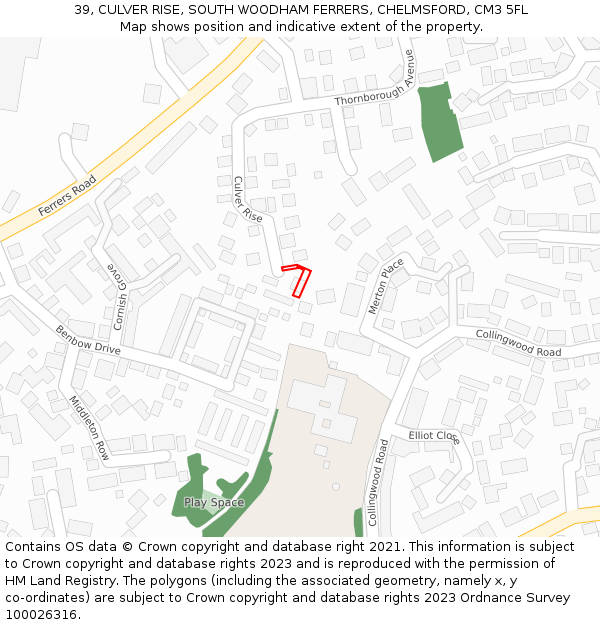 39, CULVER RISE, SOUTH WOODHAM FERRERS, CHELMSFORD, CM3 5FL: Location map and indicative extent of plot