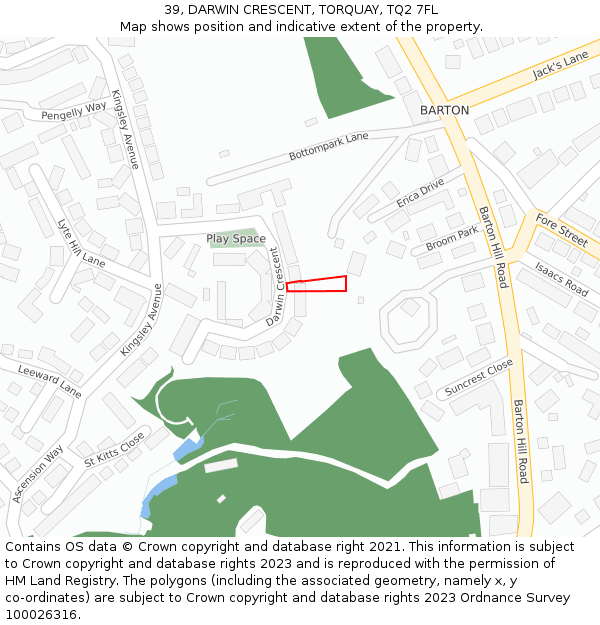 39, DARWIN CRESCENT, TORQUAY, TQ2 7FL: Location map and indicative extent of plot