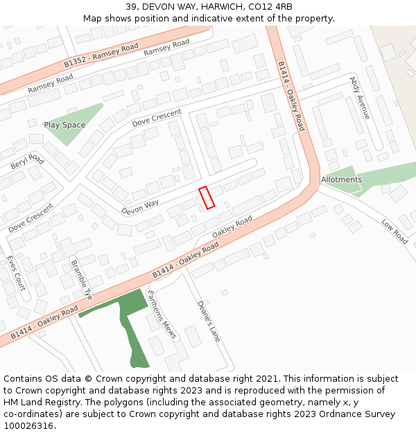 39, DEVON WAY, HARWICH, CO12 4RB: Location map and indicative extent of plot