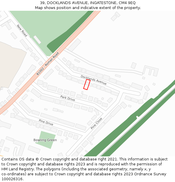 39, DOCKLANDS AVENUE, INGATESTONE, CM4 9EQ: Location map and indicative extent of plot