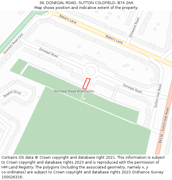 39, DONEGAL ROAD, SUTTON COLDFIELD, B74 2AA: Location map and indicative extent of plot
