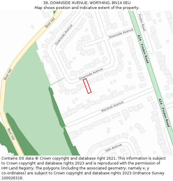 39, DOWNSIDE AVENUE, WORTHING, BN14 0EU: Location map and indicative extent of plot