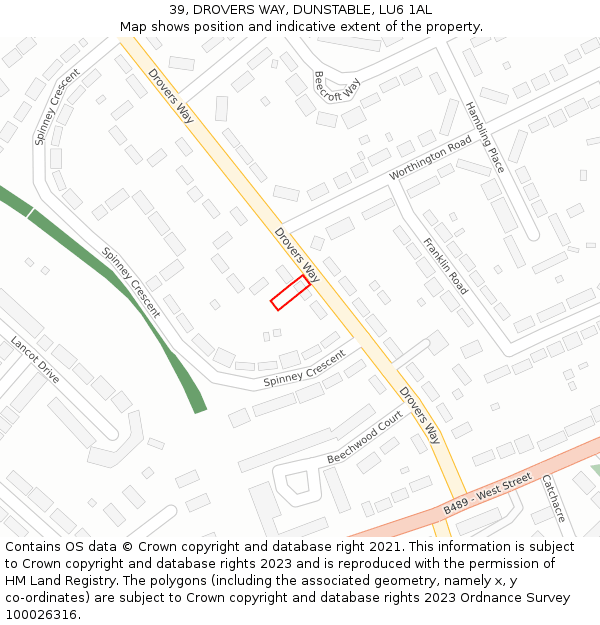 39, DROVERS WAY, DUNSTABLE, LU6 1AL: Location map and indicative extent of plot