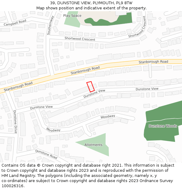 39, DUNSTONE VIEW, PLYMOUTH, PL9 8TW: Location map and indicative extent of plot