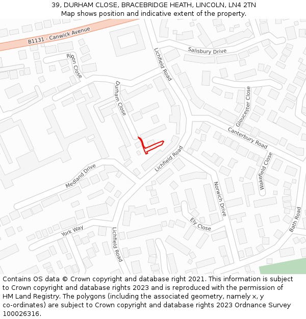 39, DURHAM CLOSE, BRACEBRIDGE HEATH, LINCOLN, LN4 2TN: Location map and indicative extent of plot
