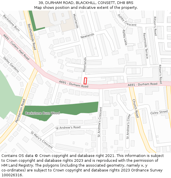 39, DURHAM ROAD, BLACKHILL, CONSETT, DH8 8RS: Location map and indicative extent of plot