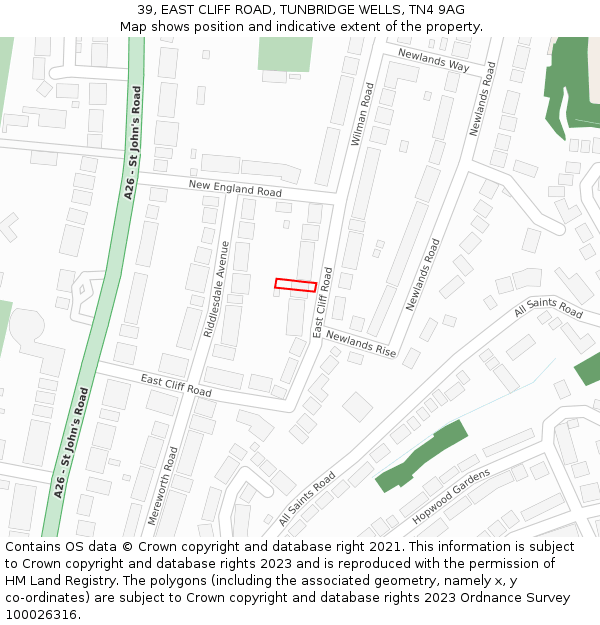 39, EAST CLIFF ROAD, TUNBRIDGE WELLS, TN4 9AG: Location map and indicative extent of plot