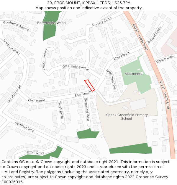 39, EBOR MOUNT, KIPPAX, LEEDS, LS25 7PA: Location map and indicative extent of plot