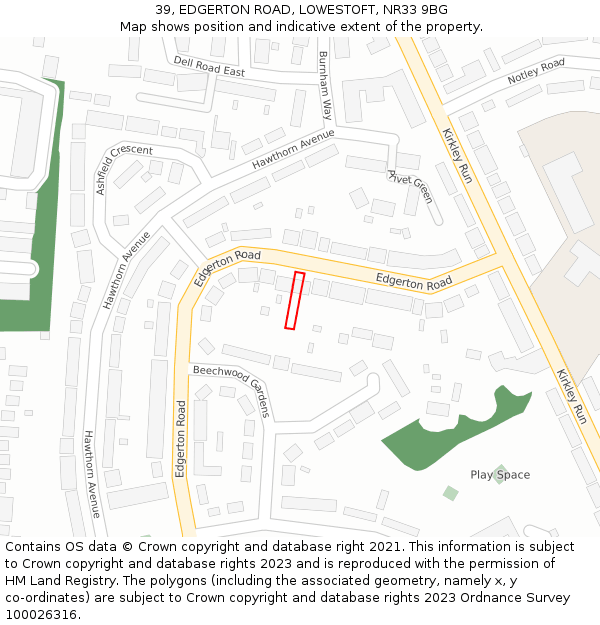 39, EDGERTON ROAD, LOWESTOFT, NR33 9BG: Location map and indicative extent of plot