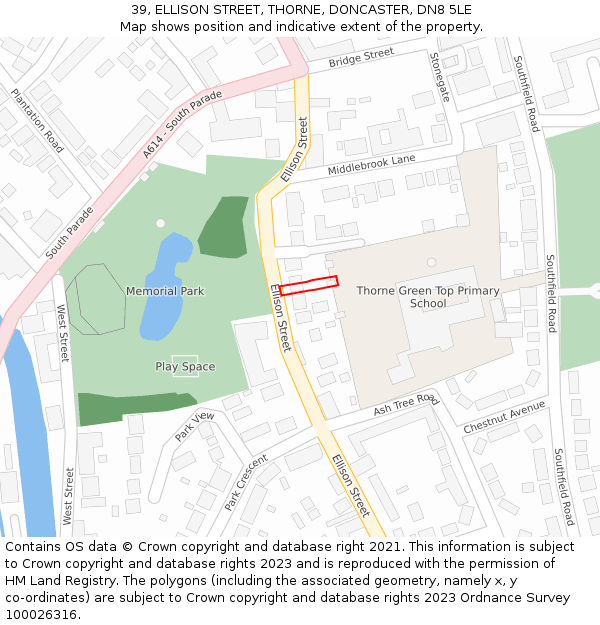 39, ELLISON STREET, THORNE, DONCASTER, DN8 5LE: Location map and indicative extent of plot