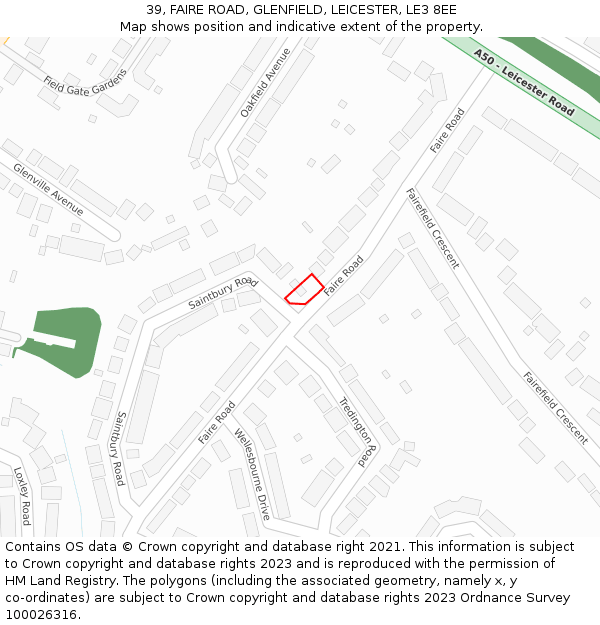 39, FAIRE ROAD, GLENFIELD, LEICESTER, LE3 8EE: Location map and indicative extent of plot