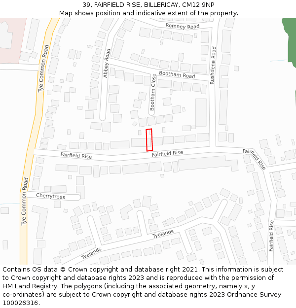 39, FAIRFIELD RISE, BILLERICAY, CM12 9NP: Location map and indicative extent of plot