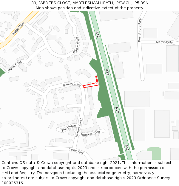 39, FARRIERS CLOSE, MARTLESHAM HEATH, IPSWICH, IP5 3SN: Location map and indicative extent of plot