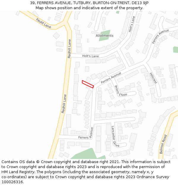 39, FERRERS AVENUE, TUTBURY, BURTON-ON-TRENT, DE13 9JP: Location map and indicative extent of plot