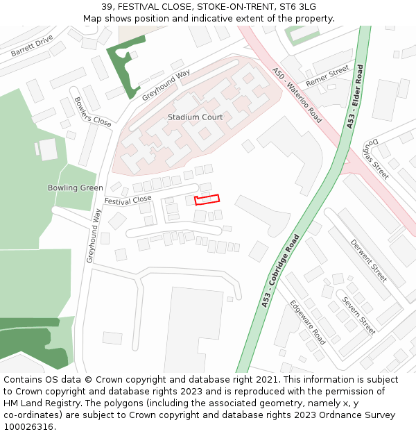 39, FESTIVAL CLOSE, STOKE-ON-TRENT, ST6 3LG: Location map and indicative extent of plot