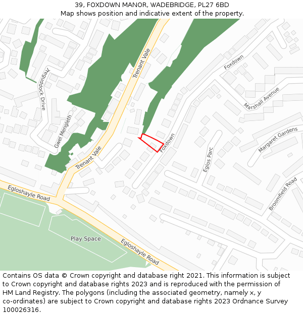 39, FOXDOWN MANOR, WADEBRIDGE, PL27 6BD: Location map and indicative extent of plot